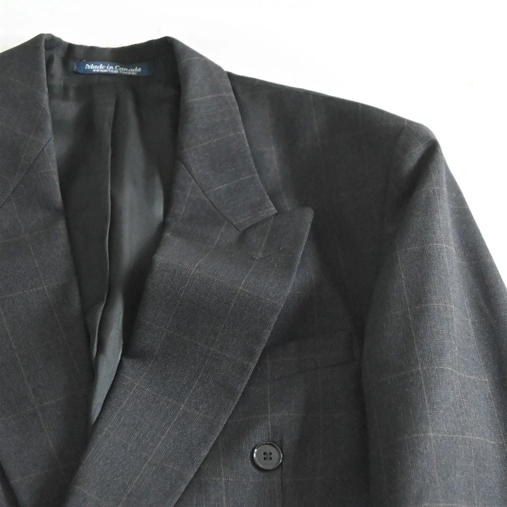 Vtg Bachrach 40L Tall Brown Windowpane Double Breasted Blazer Jacket Sport Coat‎